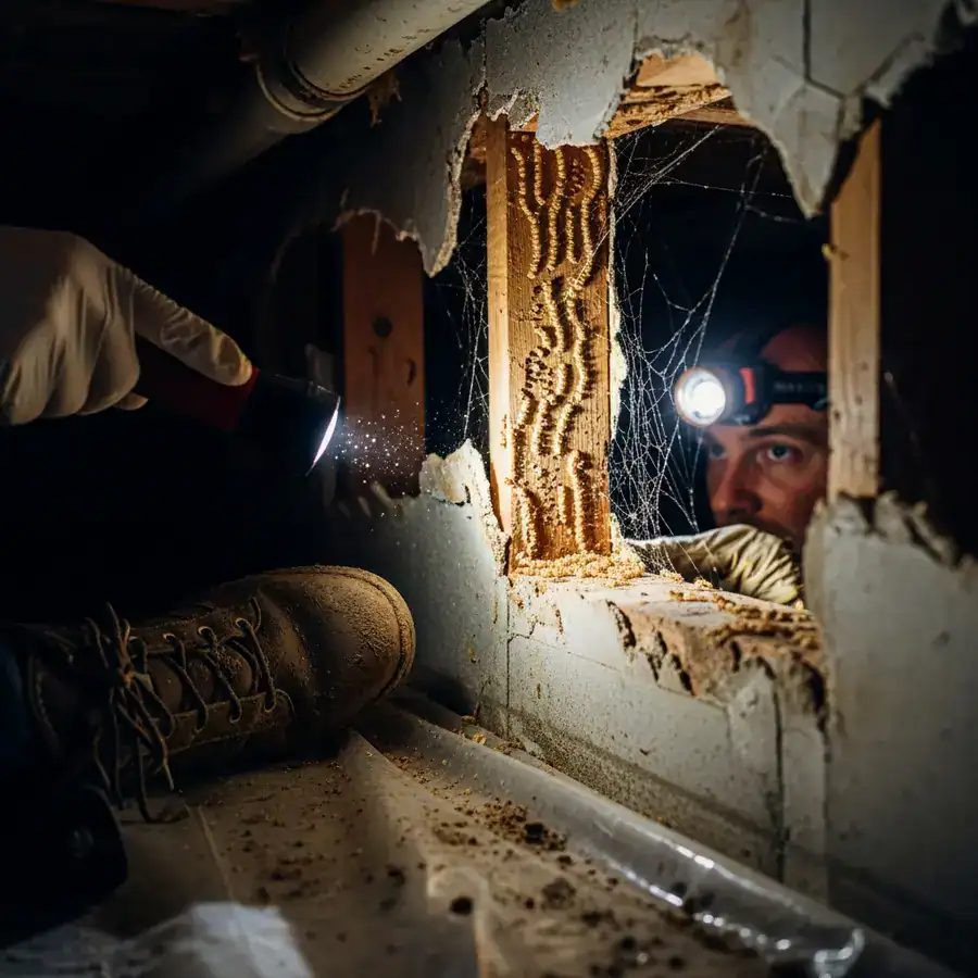 Close-up of termite frass accumulation being illuminated inside a dark basement wall during a termite inspection.
