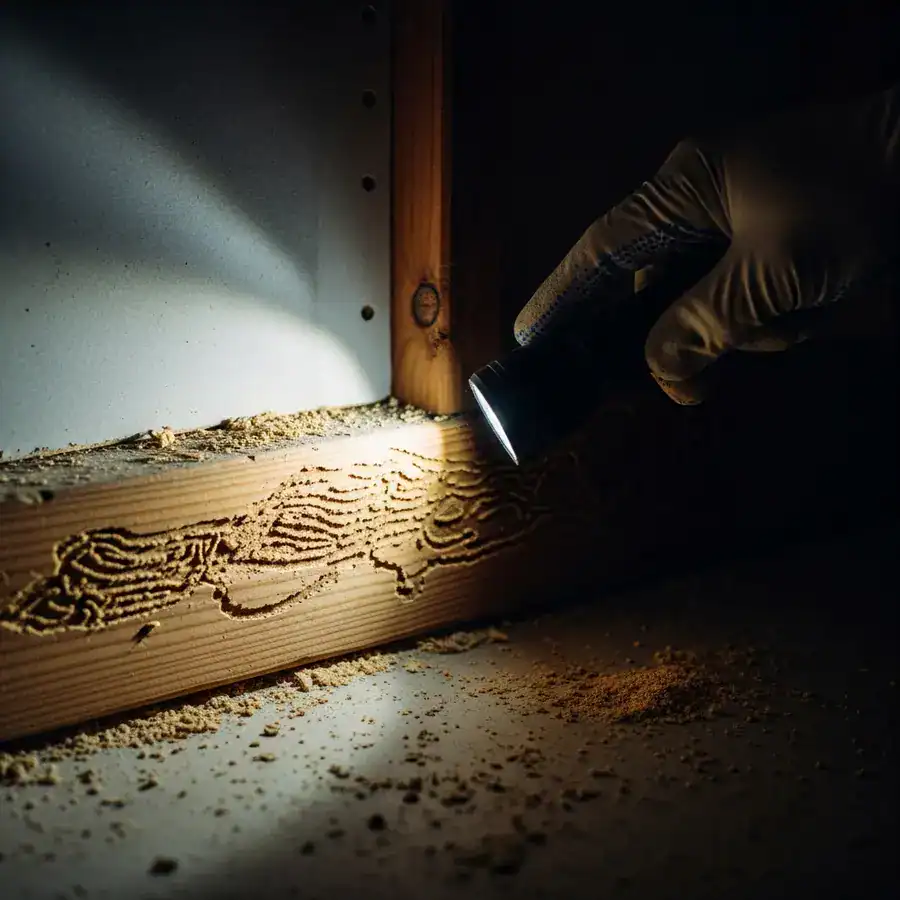 Close-up of termite tunnels; flashlight reveals damage inside a new home's beam, surrounded by drywall and sawdust.