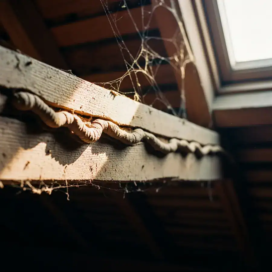 Close-up of termite tube. Active tube connects wall to soil in dark basement, illuminated by flashlight.