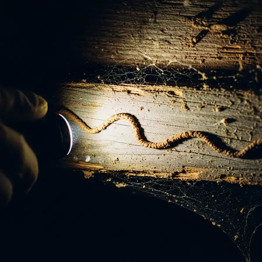 Close-up of mud tube, illuminated, traversing a joist. Evidence of termite damage in a damp, cluttered basement.