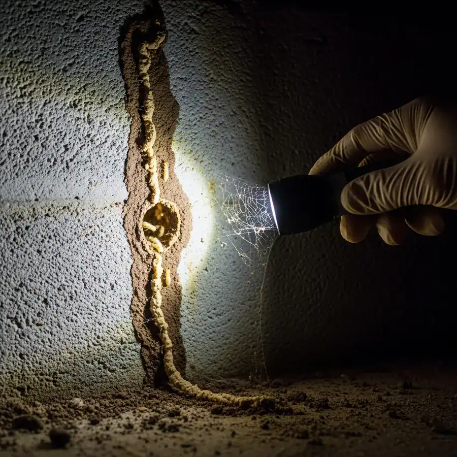 Close-up of mud tube. Flashlight reveals termite damage on a damp concrete basement wall.