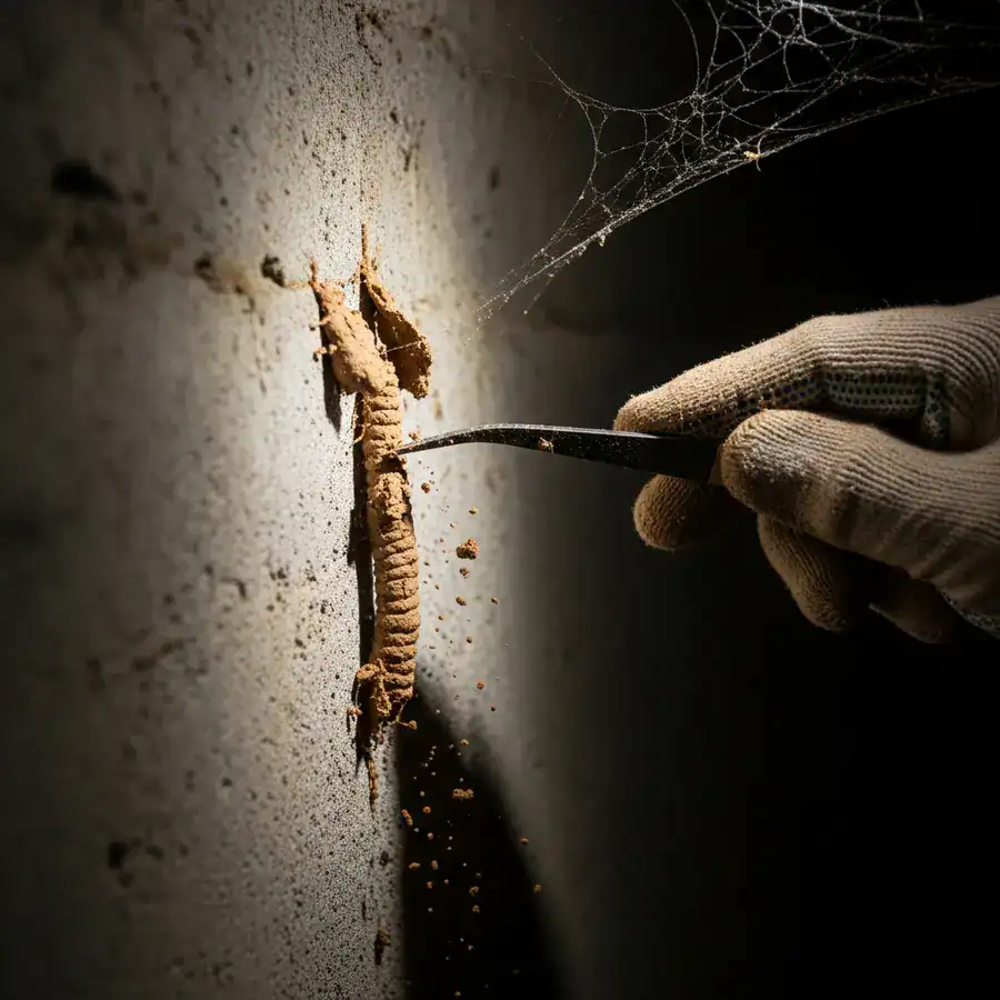 Close-up of mud tube being scraped from basement wall. Possible termite damage visible. Dusty, unfinished space.