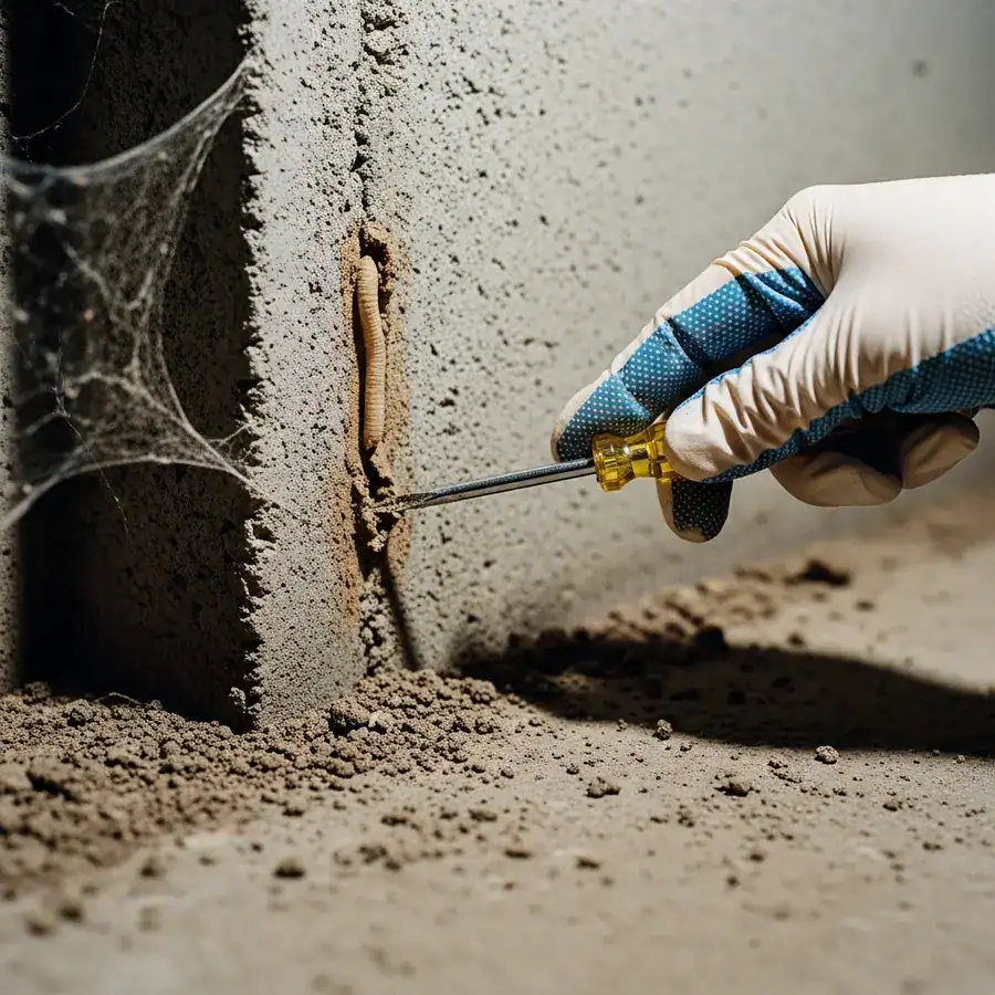 Close-up of mud tube being broken shows potential termite damage in a damp, cluttered basement corner.