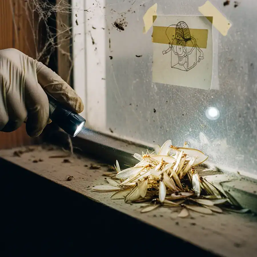 Close-up of shed termite wings piled on a sill; flashlight illuminates the dusty basement window and faded child's drawing.