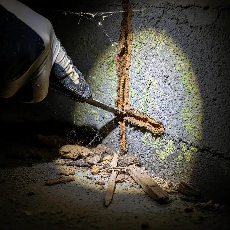 Close-up of hand scraping a termite mud tube. Damp concrete wall with mildew and wood debris in a dark, cluttered basement.