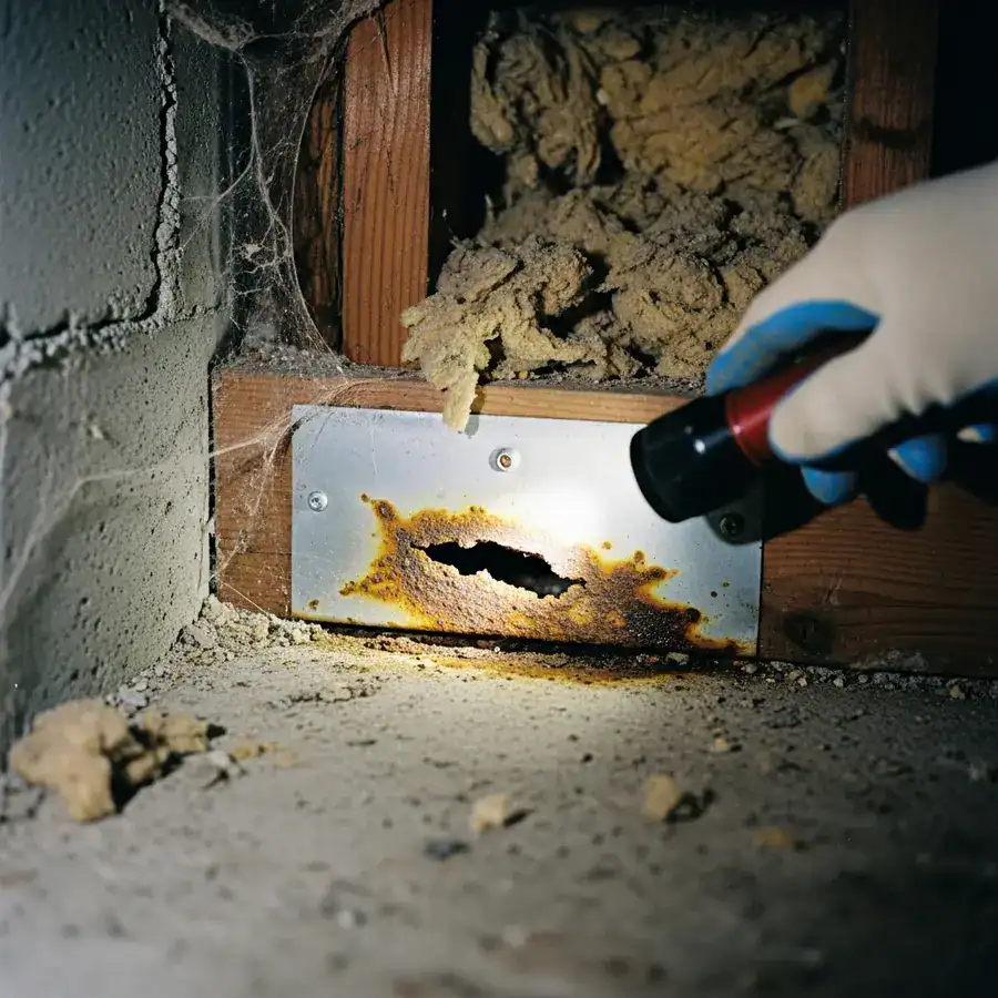 Close-up of a corroded termite shield; flashlight reveals hidden damage inside a dark, cobweb-filled crawl space.