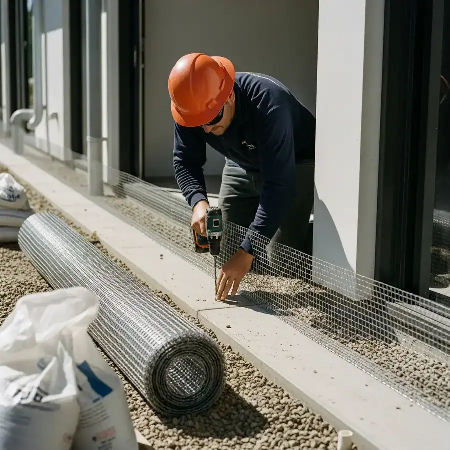 Close-up of Stego Termite Barrier being trimmed against concrete foundation in a cluttered construction site.