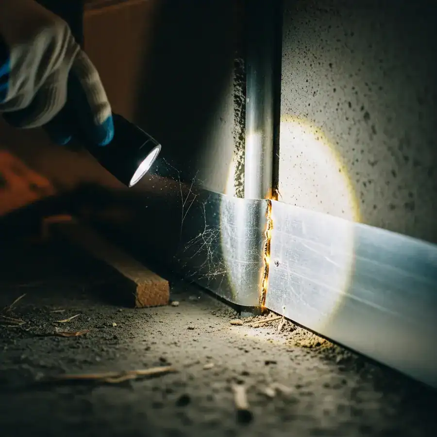 Close-up of unsealed termite shield seam. Flashlight reveals gap in the barrier. Dusty crawlspace environment.
