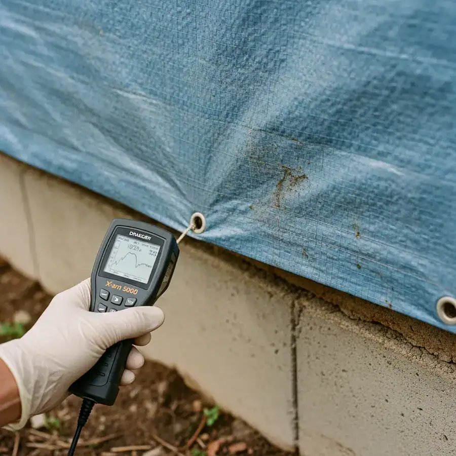 Close-up of air quality detector being used near a tarp-covered foundation, testing for residual pesticides after termite fumigation.