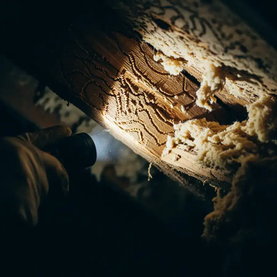 Close-up of hand and flashlight reveal termite damage on attic rafters amidst loose insulation, highlighting hidden home issues.