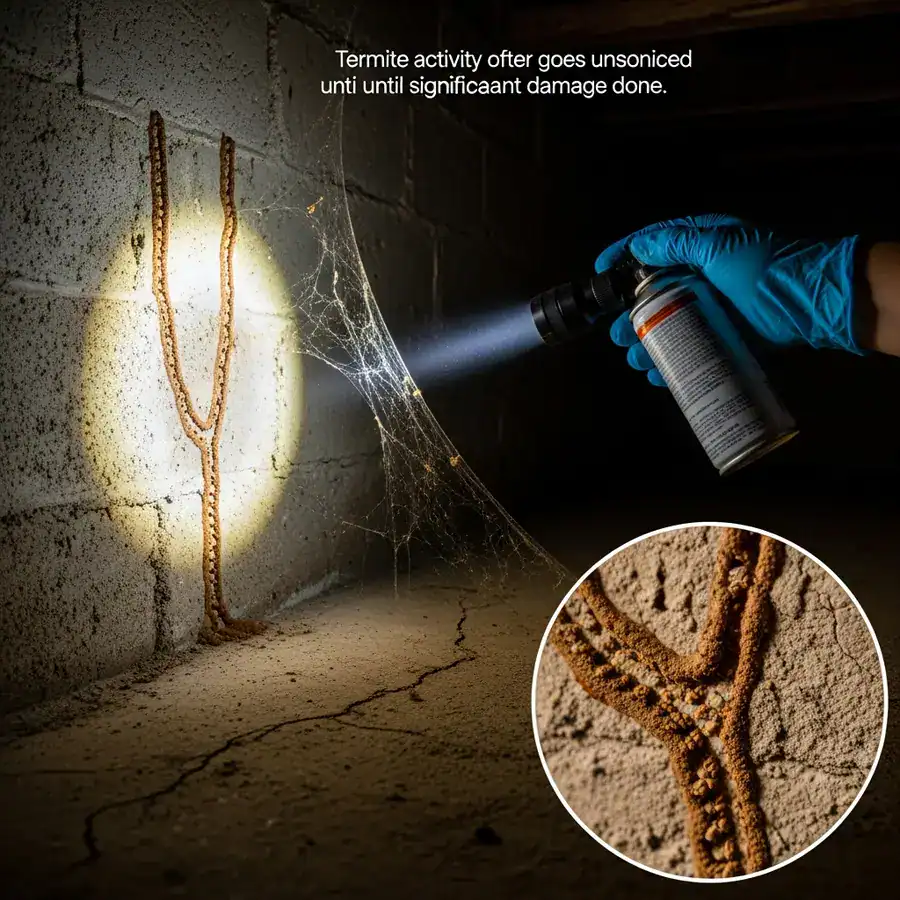 Close-up of mud tubes. Flashlight reveals termite activity on cracked basement wall.