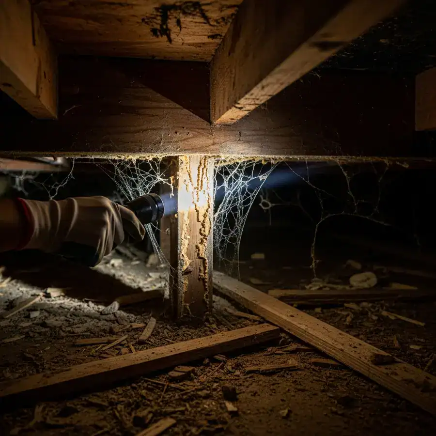 Close-up of a flashlight illuminating termite damage on a support beam in a dark, debris-filled crawlspace.