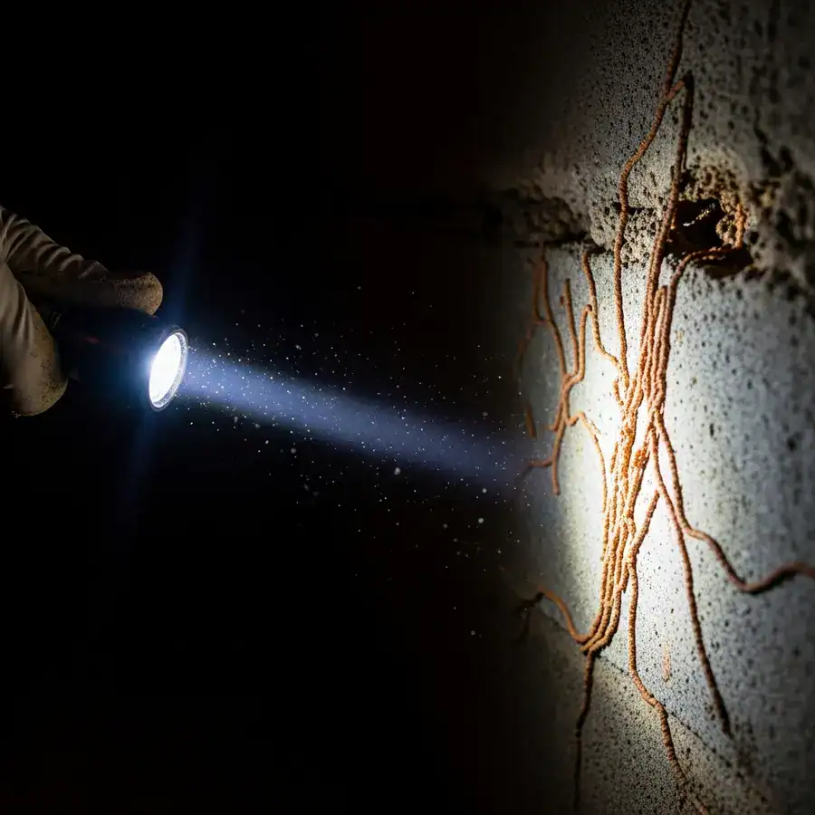 Close-up of mud tubes crawling up foundation. Flashlight reveals termite damage in a dark, cluttered basement.