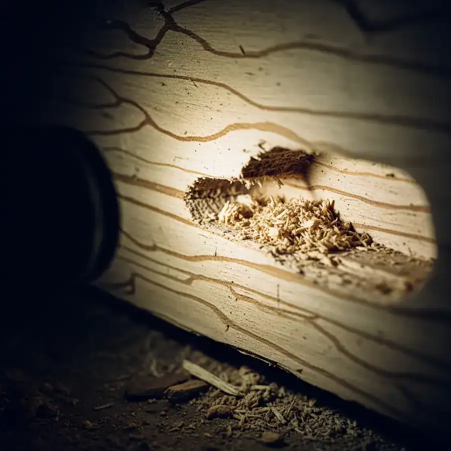 Close-up of frass collected in a bag being examined in a dimly lit basement showing signs of possible infestation.