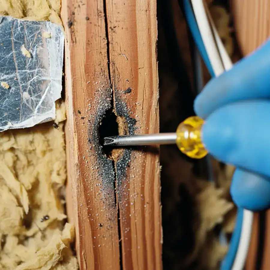 Close-up of mud tube. Flashlight illuminates termite trail on damp, stained concrete foundation in a cluttered basement.