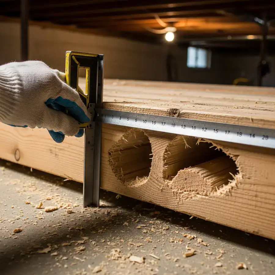 Close-up of wood beam. Sanded galleries show carpenter ant damage in a dusty, unfinished basement under harsh work light.