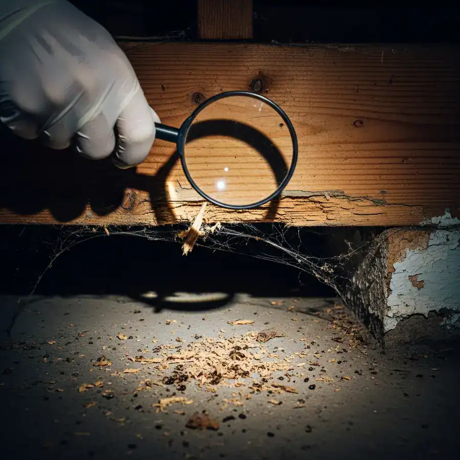 Close-up of termite gallery being excavated. Light reveals dust and damaged wood in a dark, unfinished basement.