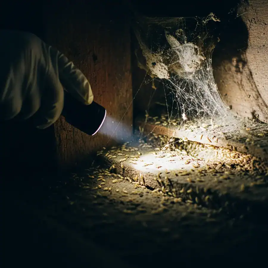 Close-up of worker termites tunneling through decaying wood. Damp basement corner illuminated by a flashlight.