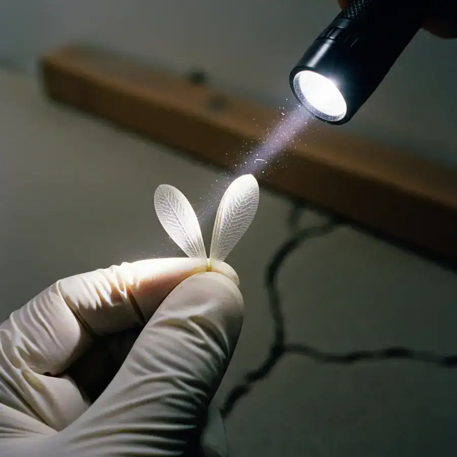 Close-up of termite wing held by a gloved hand; flashlight illuminates simple veins. Damp basement baseboard in soft-focus background.