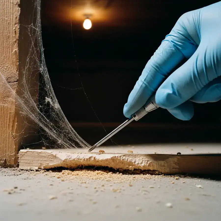Close-up of moisture meter testing drywall damage in a dark, unfinished basement, indicating potential termite issue.

A flashlight beam illuminating a narrow crack running along the foundation where siding meets concrete. Weathered concrete with patches of dampness and efflorescence are visible. Documentary-style handheld shot on 35mm film, f/2.8, slight organic film grain, sharp focus on the crack. Raw, high-contrast lighting from the flashlight.