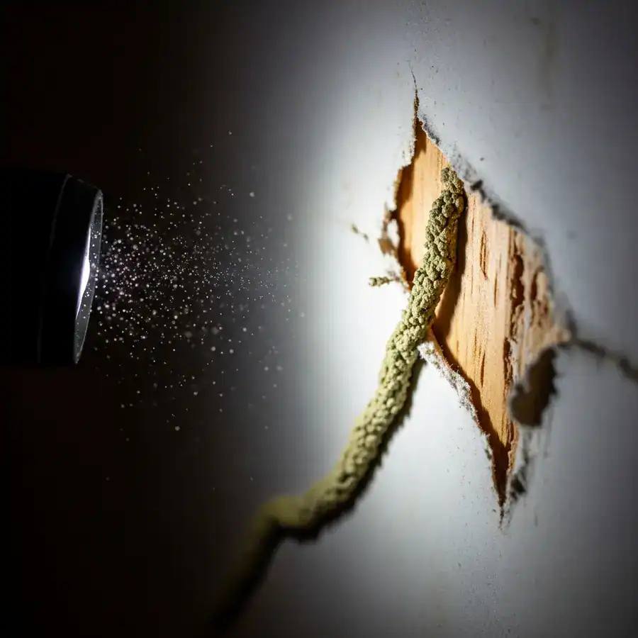 Close-up of mud tube trails on drywall leading to wood Termite damage visible in the dim, dusty crawlspace.