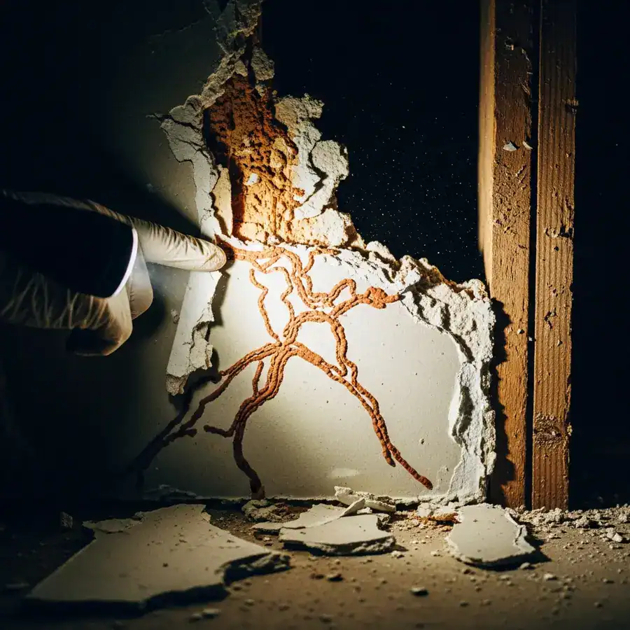 Close-up of mud tubes on drywall, exposed by flashlight. Evidence of termite damage in a cluttered wall cavity.
