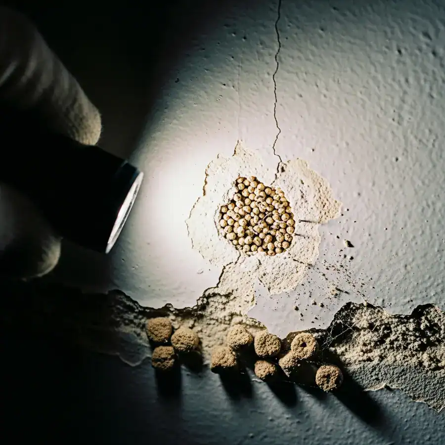 Close-up of pinholes & frass in drywall, flashlight beam reveals termite damage amid bubbling paint and cracks.