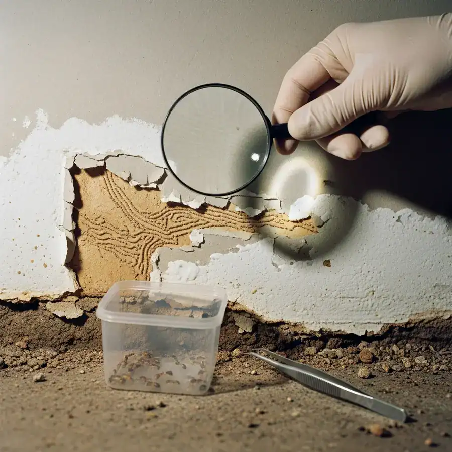Close-up of drywall pinholes with frass. Technician inspects termite damage in a dimly lit, unfinished basement.