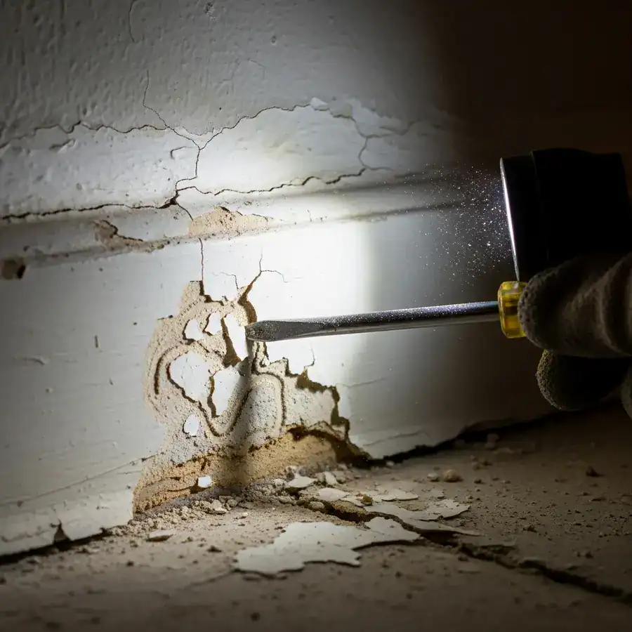 Close-up of cracked drywall. Screwdriver taps reveal termite damage under peeling paint near a dusty baseboard.