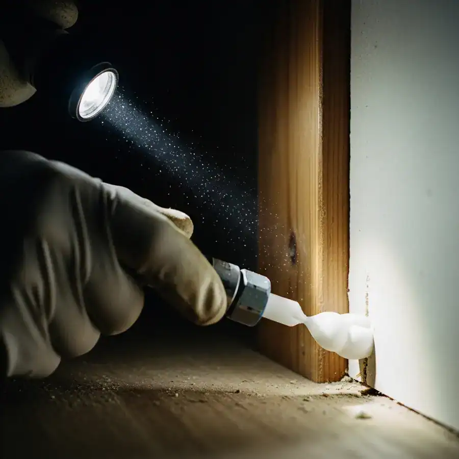 Close-up of foam injection into drywall; pest control treating baseboard with flashlight in dark basement.