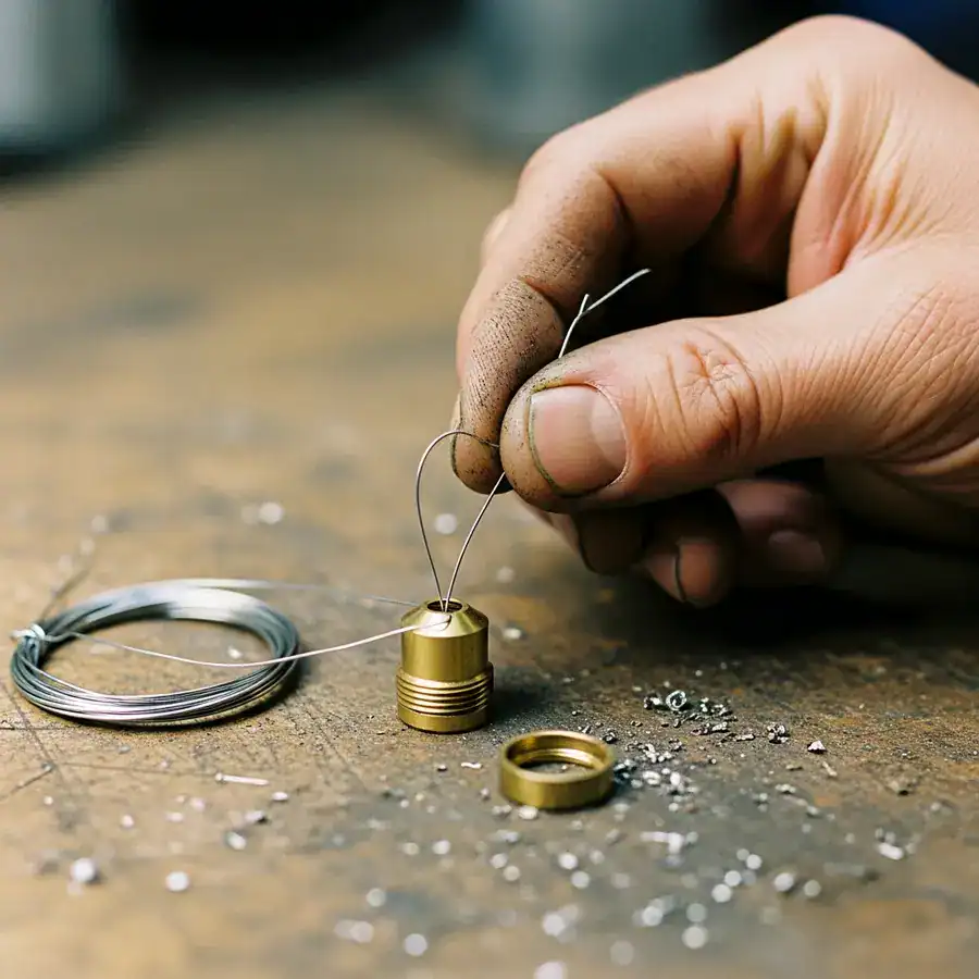Close-up of a technician's hand using a thin wire to clear a clogged fogger nozzle on a messy workshop bench.