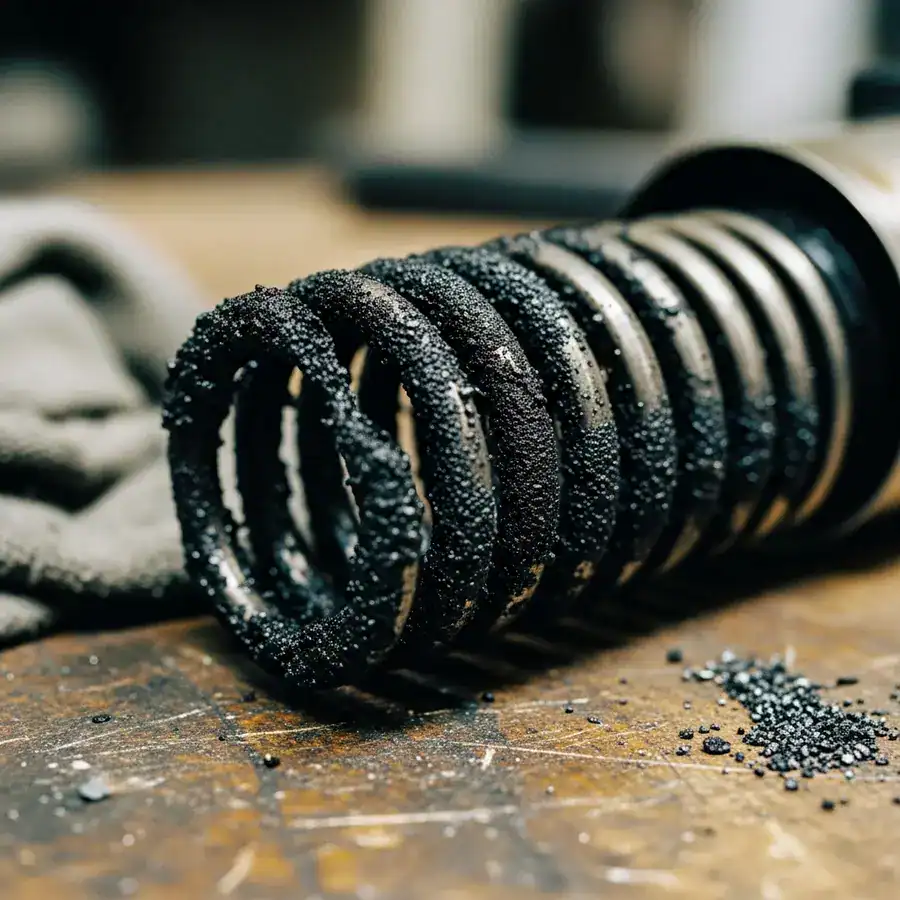 Close-up of a thermal fogger's heating coil clogged with black carbon residue, resting on a messy workshop bench.