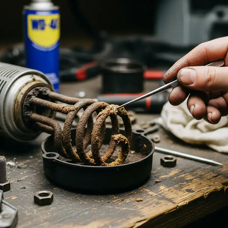 A close-up of a corroded thermal fogger coil being pointed at with a tool on a cluttered workshop bench.