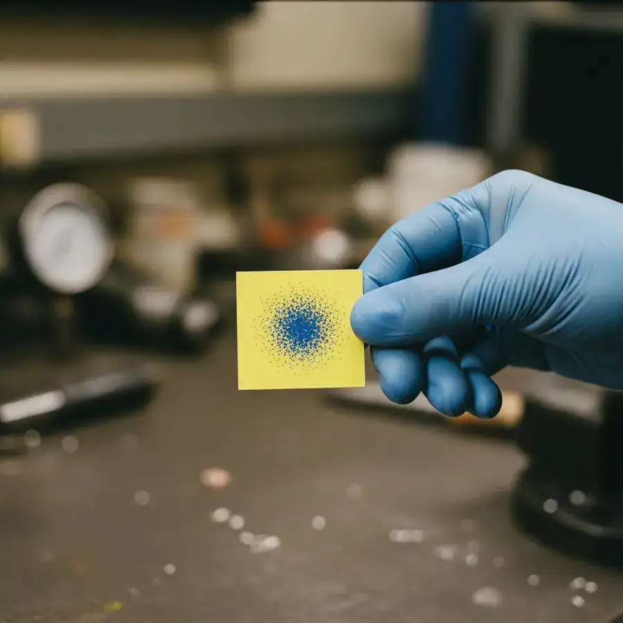 Close-up of a gloved hand holding a test card showing a fogger's blue droplet pattern against a cluttered workshop background.