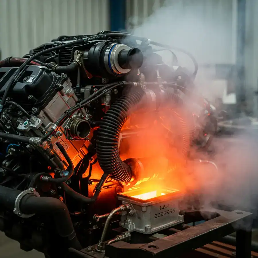 Close-up of a thermal fogger's metal heating coil glowing red-hot inside its scuffed and dusty engine housing.