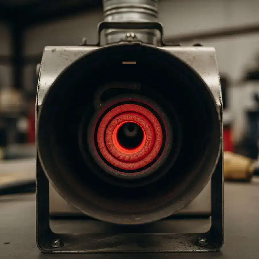 Close-up of a thermal fogger's heating coil glowing red-hot inside its stained and weathered metal nozzle assembly.