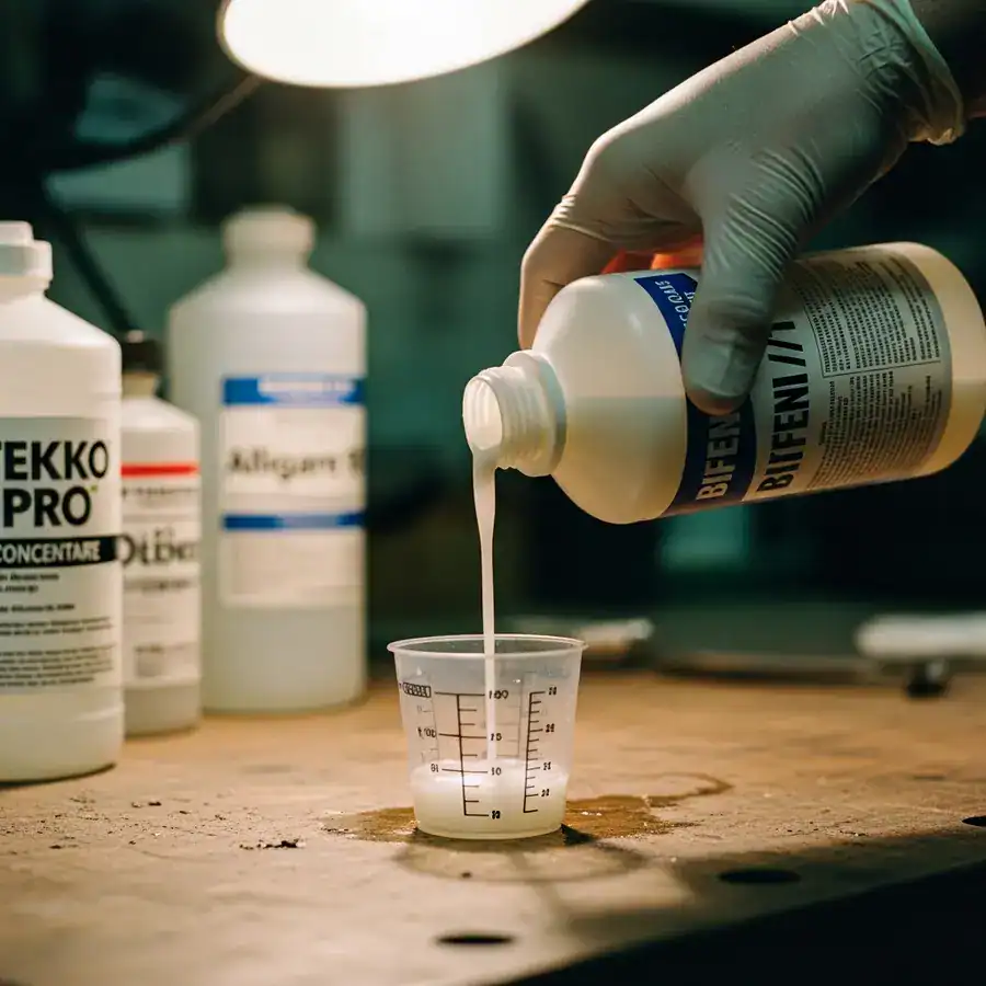 Close-up of a gloved hand pouring Bifen I/T pesticide into a measuring cup on a cluttered workshop bench.