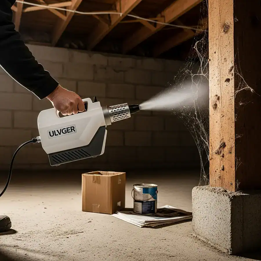Close-up of an electric ULV fogger nozzle being used to treat a dusty, unfinished basement corner for spiders.