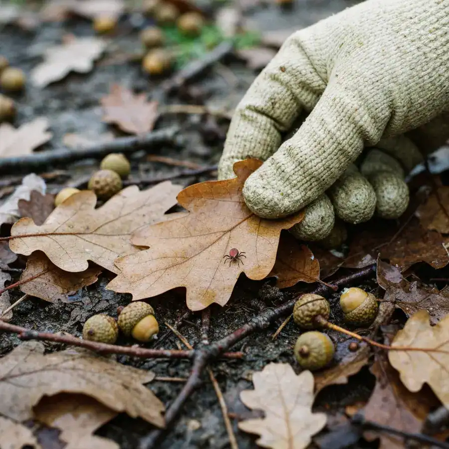 Gloved hand parting damp oak leaves and acorns on cold ground to reveal a questing tick in the leaf litter.