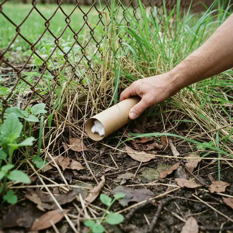 Cardboard tick tube being placed among dry leaves and tall grass near a backyard fence line.