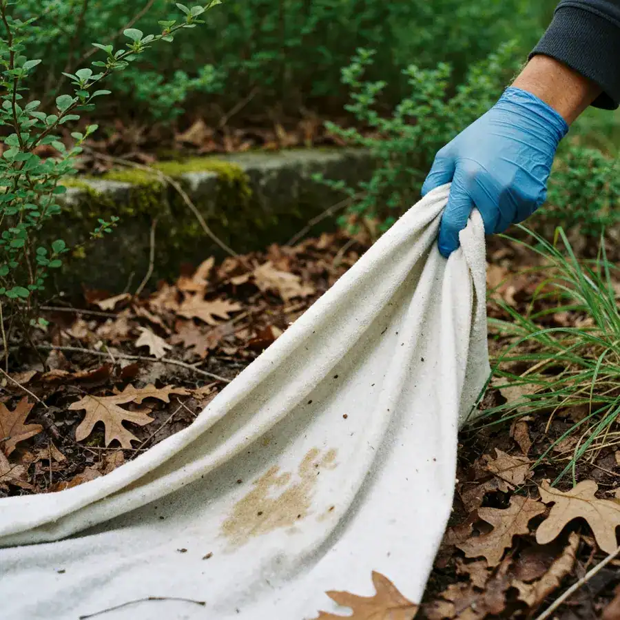 Close-up of a white sampling cloth being dragged through damp leaf litter and tall grass at a forest edge.