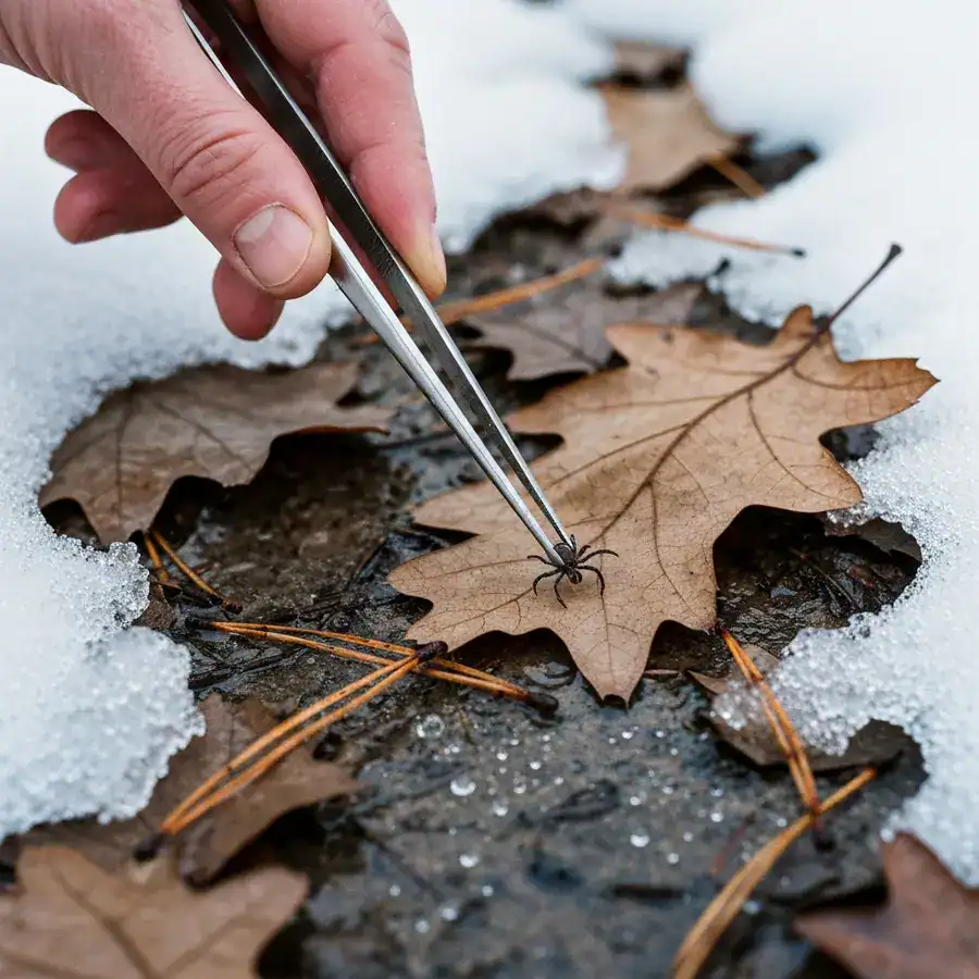 Metal tweezers uncovering a tick from damp leaf litter near melting snow in a residential backyard.