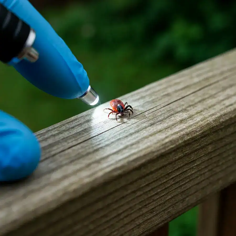 Lone Star tick with a distinct white dot inspected by a gloved hand on a weathered wooden garden railing.