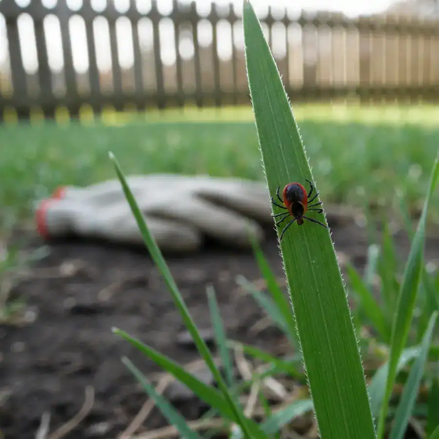 Close-up of a tiny nymph tick clinging to a blade of tall grass in a residential backyard.