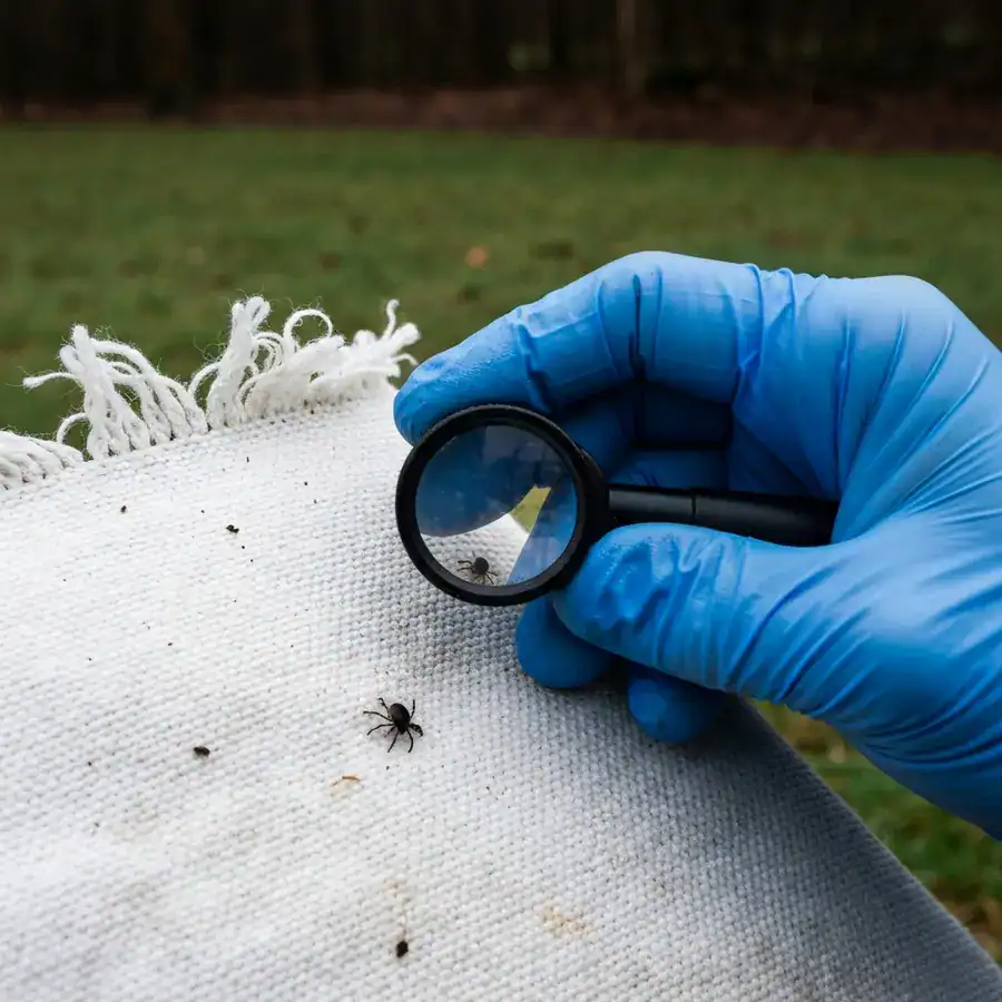 Gloved hand using a magnifying loupe to inspect a tiny nymph tick on a white canvas cloth in a damp backyard.