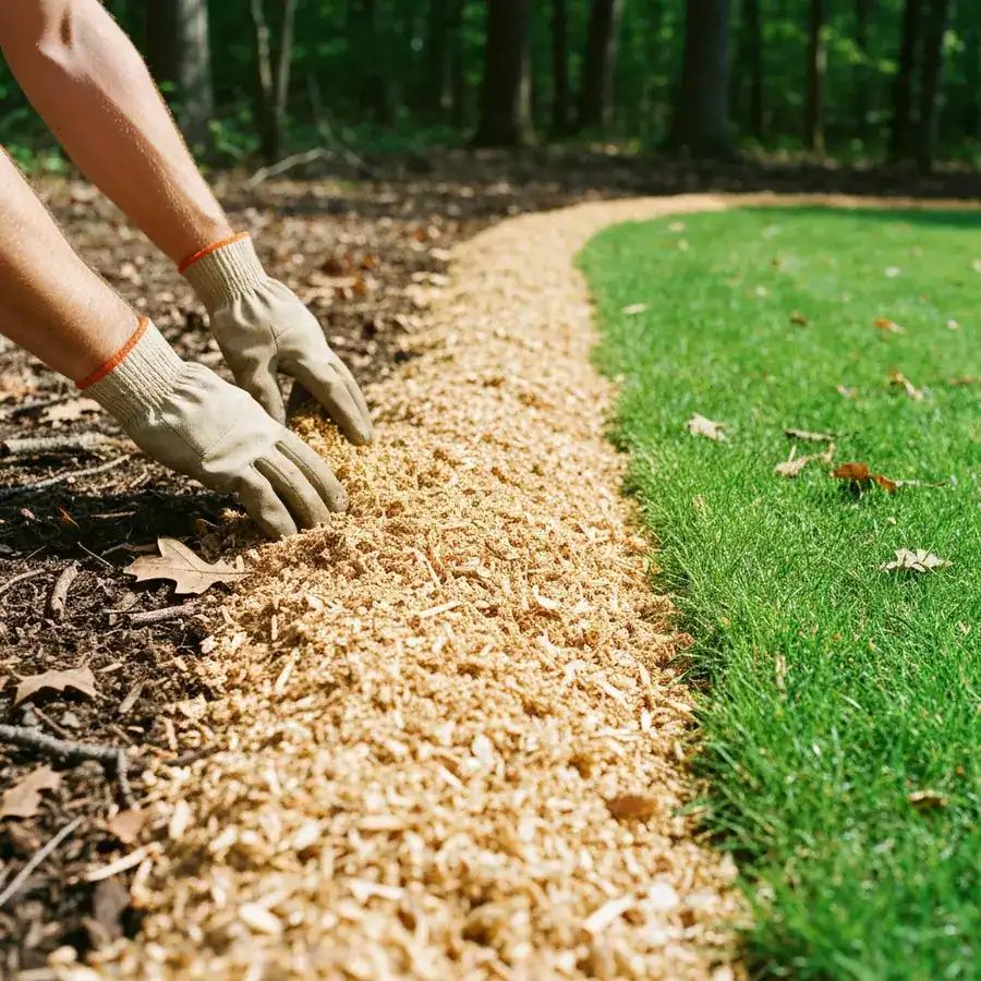 Worn work gloves spreading wood chips to create a dry barrier between a green lawn and a forest edge.