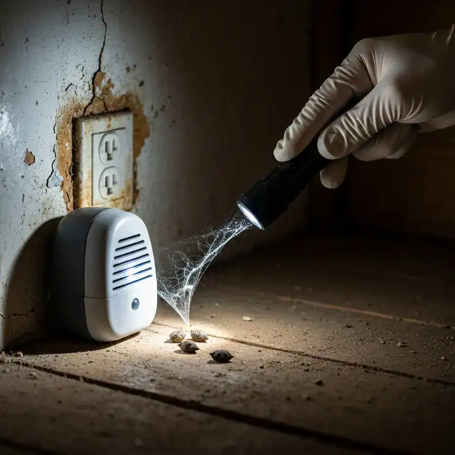Gloved hand pointing a flashlight at an ultrasonic repeller and mouse droppings in a dark, dusty basement corner.