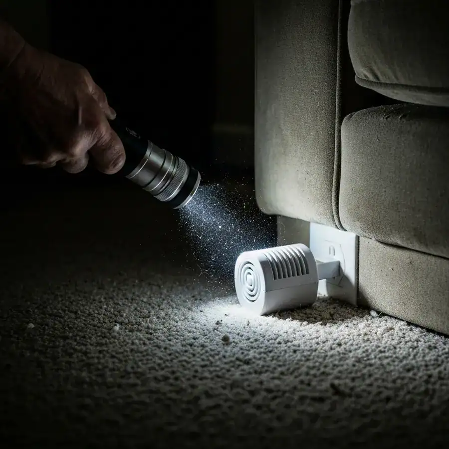Close-up of an ultrasonic repeller plugged behind a thick sofa, blocked by fabric in a dusty, dark living room corner.