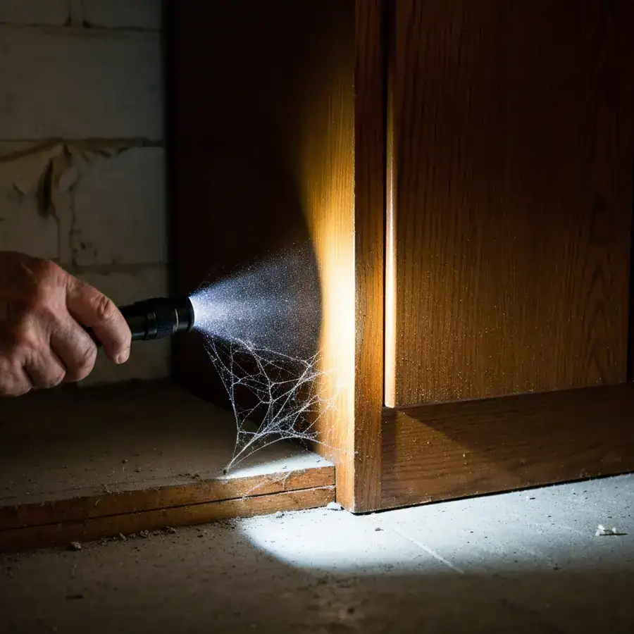 Close-up of a flashlight beam hitting a dusty cabinet corner, casting a deep shadow against a dark basement wall gap.