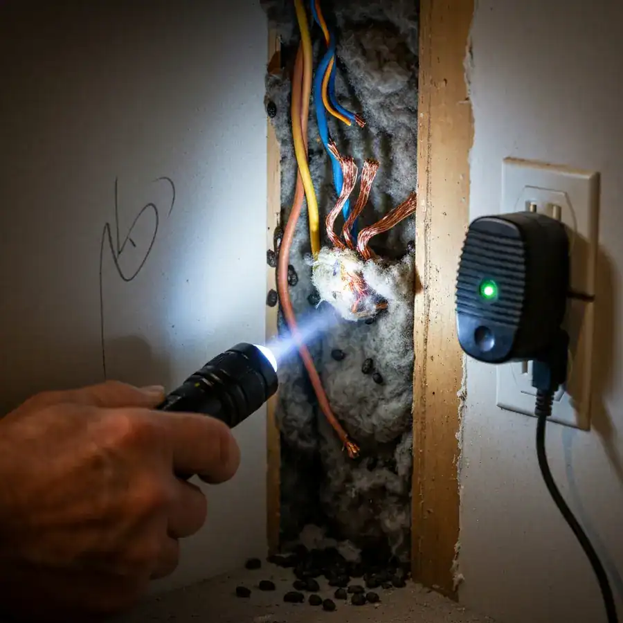 Frayed electrical wires with gnaw marks in a dusty basement corner next to a plugged-in ultrasonic device.